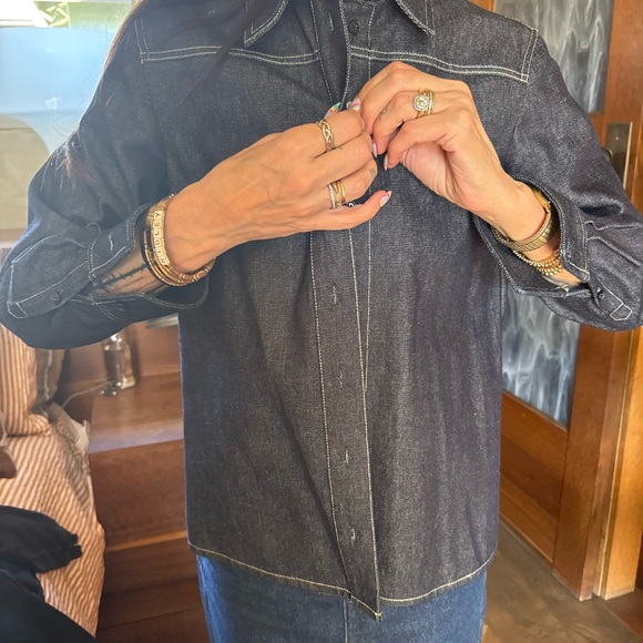 CO Dark Indigo Denim Button Up Shirt Contrast Stitch Premium Denim Size S - Picture 3 of 8